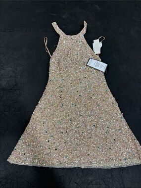 Jovani Gold Sequin Halter Prom Dress with Multicolor Gems